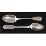 A pair of Russian silver tablespoons, each in the Fiddle pattern, 128g, with 84 zolotnik mark,