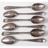A set of six George III silver teaspoons, each in the Old English pattern, having feather banded