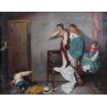 J Peretti (?) - Catch that mouse! interior scene, oil on canvas, signed lower right (re-lined), 39 x