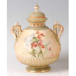 A Royal Worcester blushware pot pourri vase and cover, decorated with thistles and white flowers