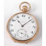 A 9ct yellow gold Rolex open face manual wind pocket watch, having a round white Arabic dial and