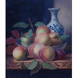 Henry George Todd (1846-1898) - Still life with fruit, blue and white vase and bowl on a carved