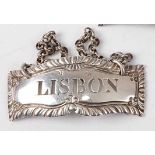 A George III silver decanter label for Lisbon, with chain, maker Hester Bateman, no date letter