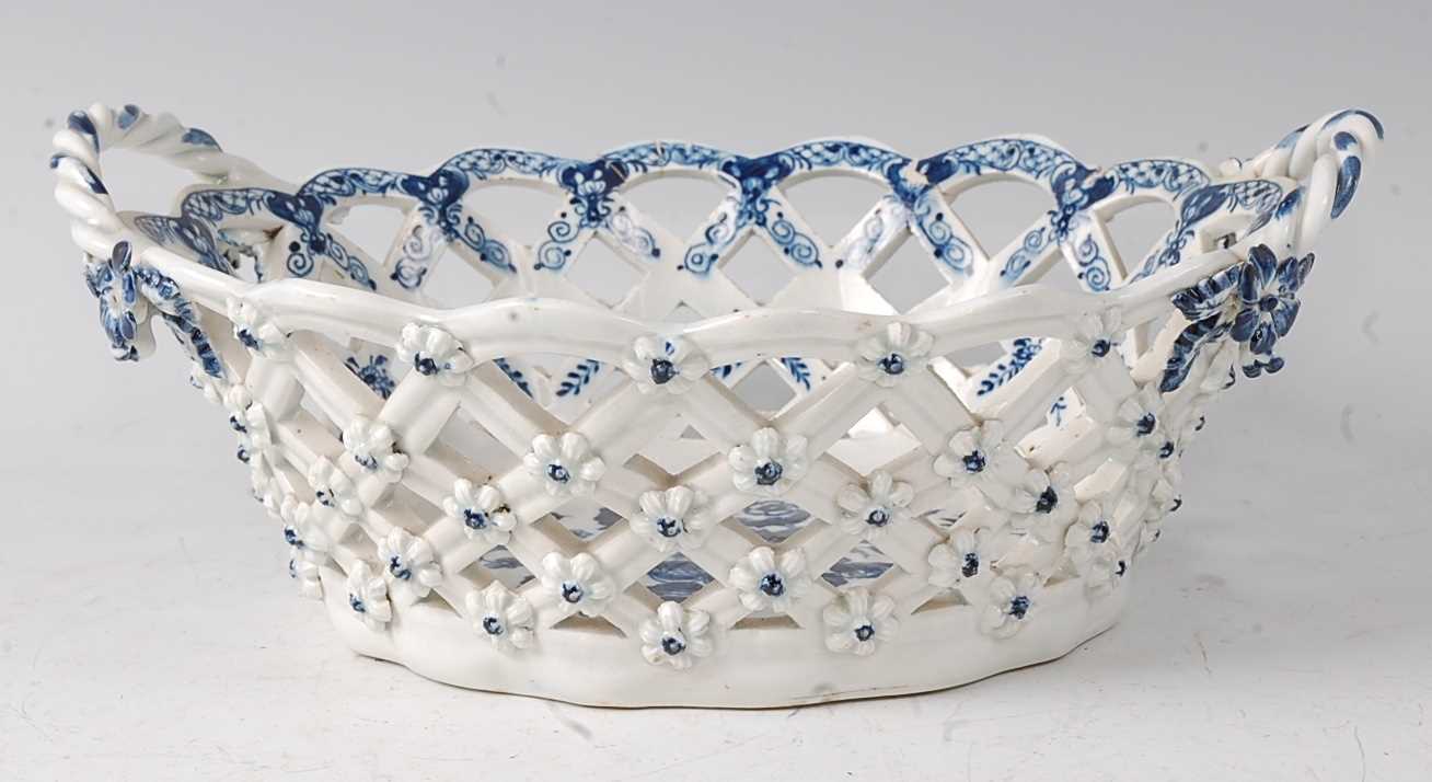 A Lowestoft porcelain chestnut basket, circa 1785, lattice-worked and blue and white printed in - Image 5 of 5