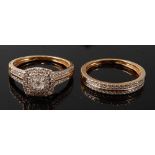 A pair of 18ct yellow gold diamond rings, to include a cushion shaped cluster ring featuring a