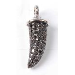 A white metal black diamond horn pendant by Theo Fennell, featuring 63 single cut black diamonds