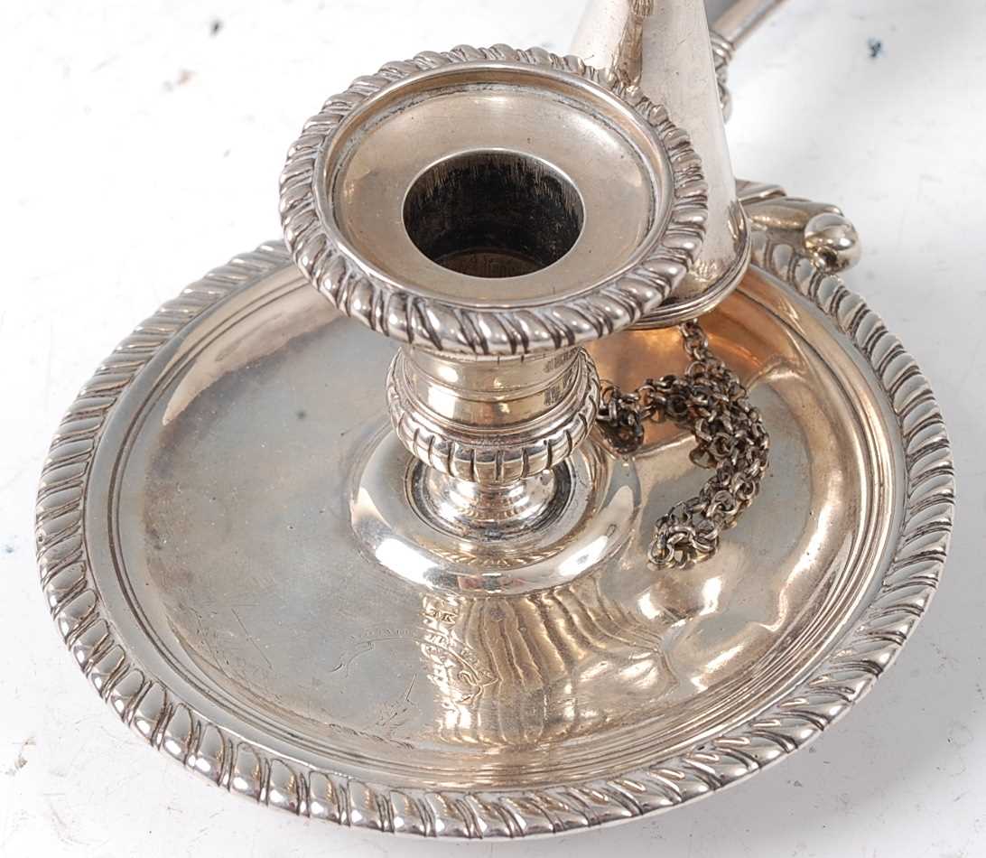 A William III silver chamberstick, of circular form with gadrooned border, the scroll mounted - Image 3 of 4