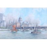John Millington (1891-1948) - The Thames with steam tugs and St Paul's beyond, watercolour with