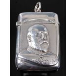 An Edwardian silver vesta to commemorate the coronation of King Edward VII, of hinged rectangular