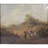 Early 19th century English school - Travellers with white pony in a landscape, oil on canvas with