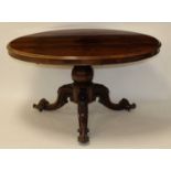 A mid-Victorian rosewood pedestal breakfast table, the circular tilt-top having a moulded edge to an