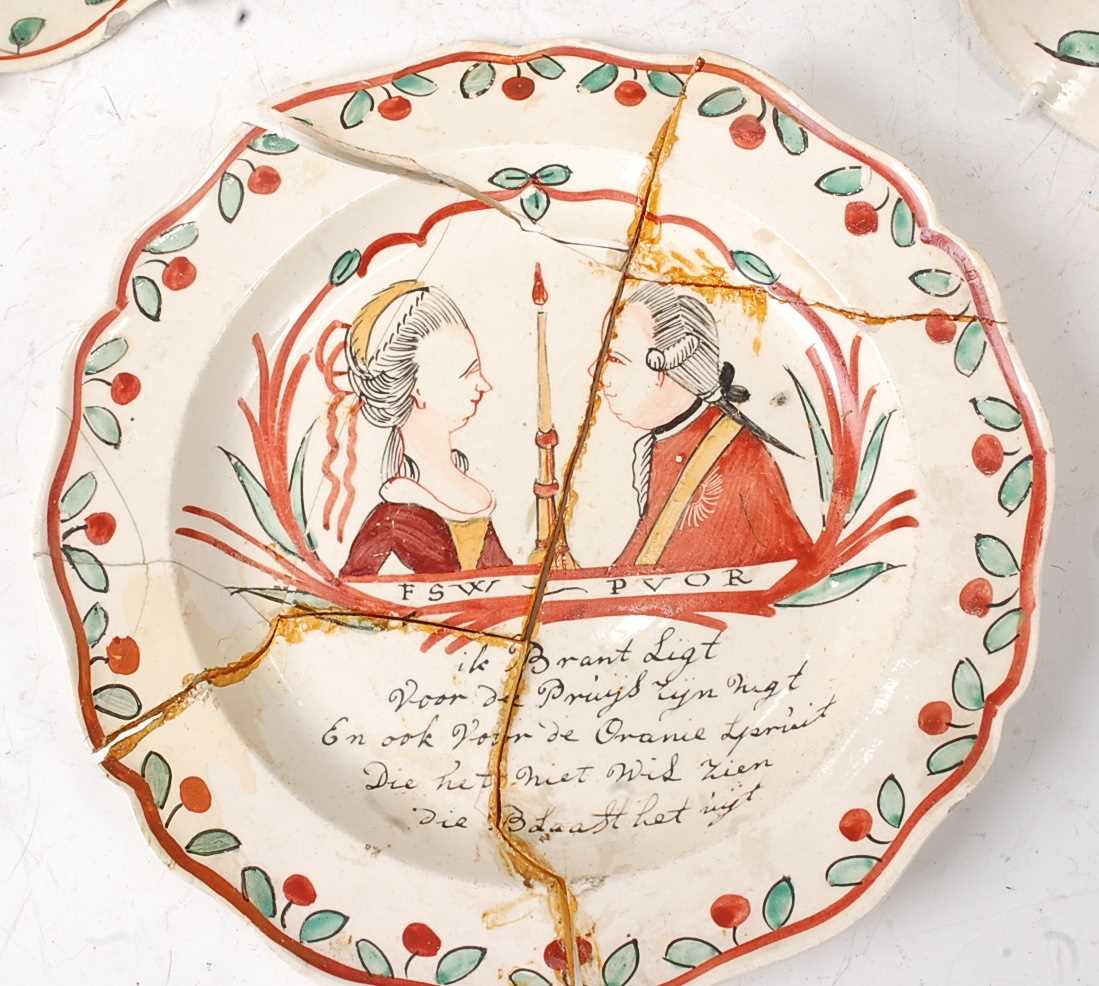 Two 18th century Leeds creamware Dutch decorated Orangeist portrait plates, (one badly damaged and - Image 4 of 4