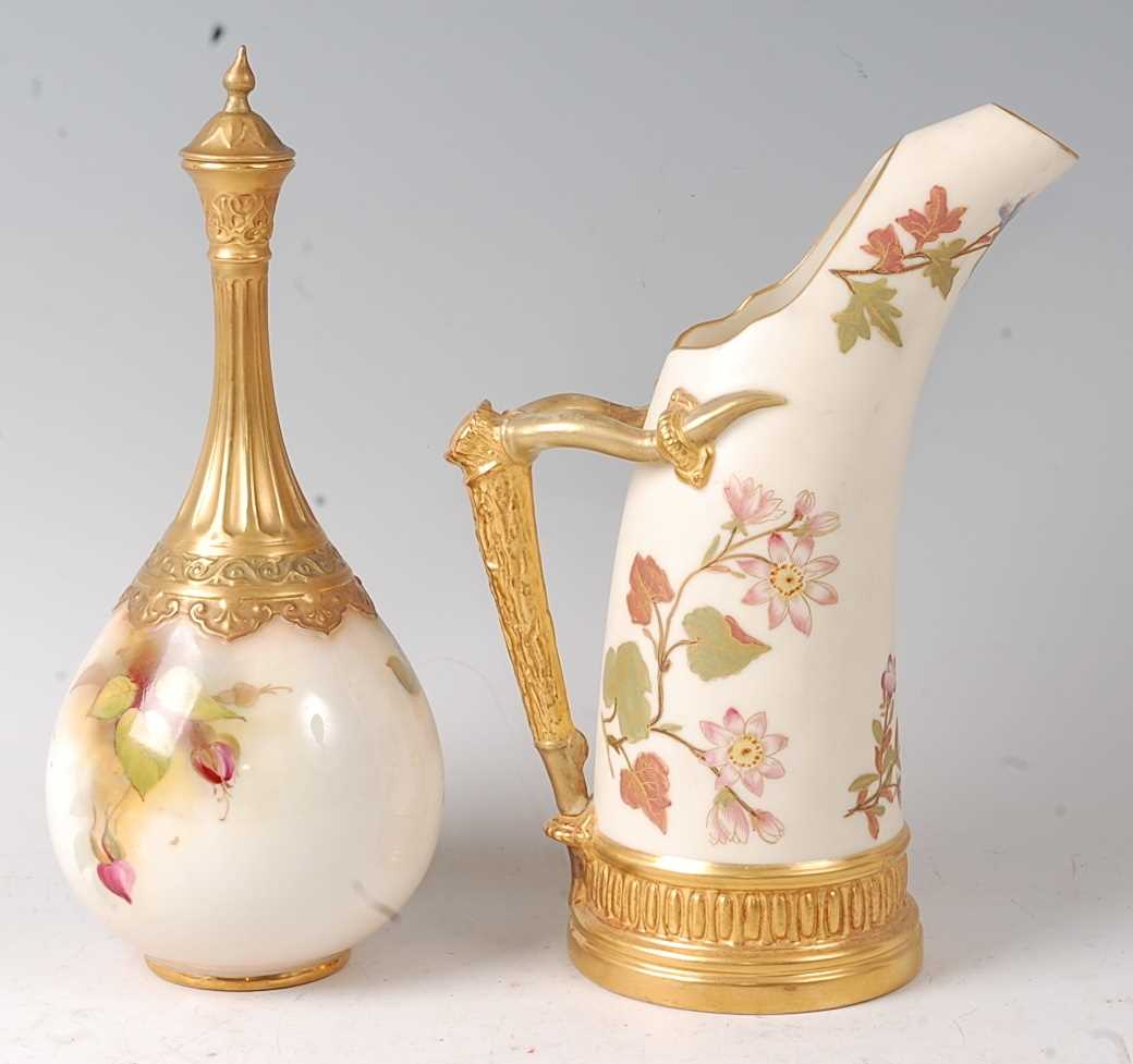 A Royal Worcester porcelain bottle vase and cover, having a fluted slender neck, decorated with pink - Image 3 of 3