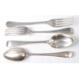 A set of six late Victorian silver dessert forks, in the Hanoverian pattern; together with six