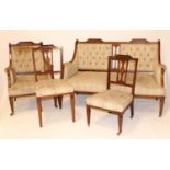 A Sheraton Revival mahogany and satinwood banded nine-piece parlour suite, comprising settee, pair