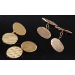 Two pairs of cufflinks, being a pair of 18ct yellow gold oval double-ended cufflinks, with engine