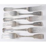 A set of six William IV Irish silver table forks, in the Fiddle pattern, each having crested
