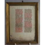 A Medieval French breviary leaf, the Latin text in red, black and blue ink on vellum, double-sided