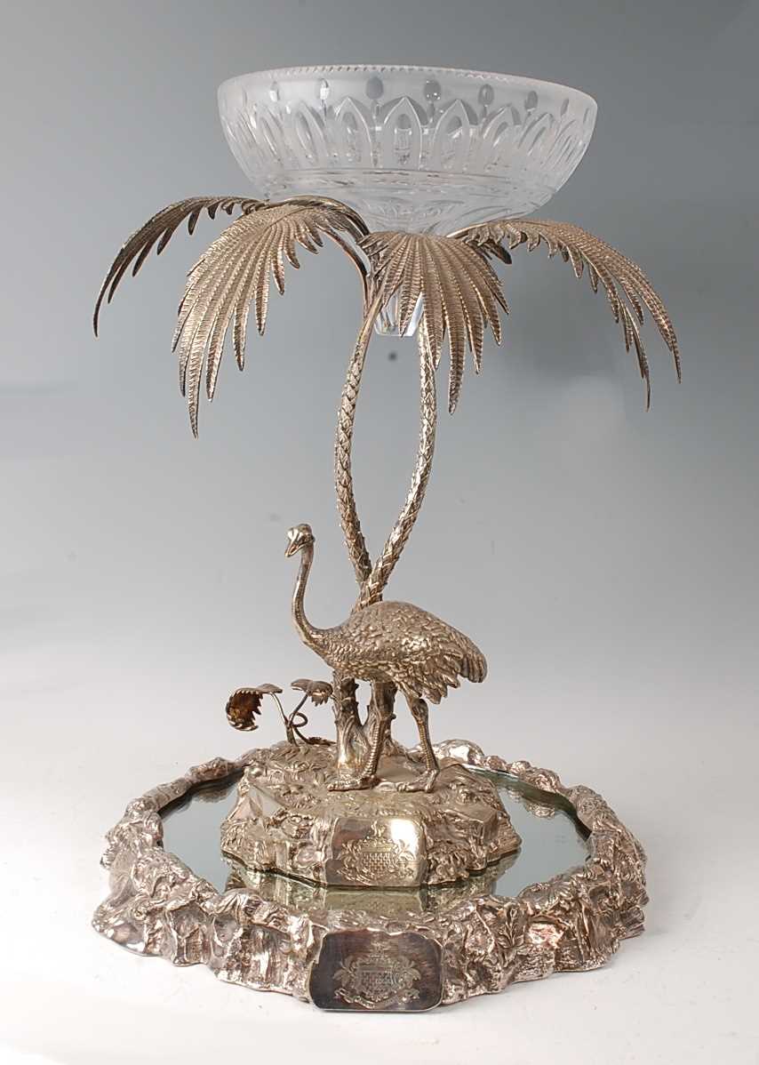A late Victorian Elkington plate table centrepiece modelled as an ostrich under a palm tree,