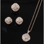 An 18ct gold diamond set suite of jewellery, comprising pendant on neck chain, single ring, and pair