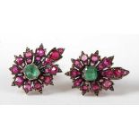 A pair of yellow and white metal, synthetic ruby and emerald leaf shaped cluster earrings, each