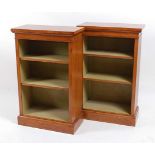 A pair of Victorian style oak, burr oak and crossbanded dwarf open bookcases, having adjustable