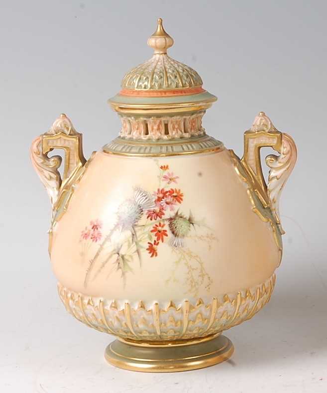 A Royal Worcester blushware pot pourri vase and cover, decorated with thistles and white flowers - Image 3 of 4