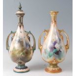 A matched pair of Royal Worcester and Hadley's Worcester twin handled slender neck vases, one with