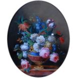 A Victorian reverse painting on glass - still life with Summer Flowers in a pedestal vase upon a