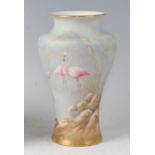 A Royal Worcester porcelain Sabrina ware vase, decorated with pink flamingos wading in a rock-pool