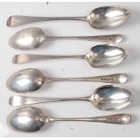 A matched set of six George III silver tablespoons, in the Old English pattern, two with monogrammed