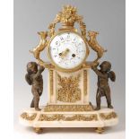 A late 19th century French alabaster, bronze and gilt bronze mantel clock, having a convex white