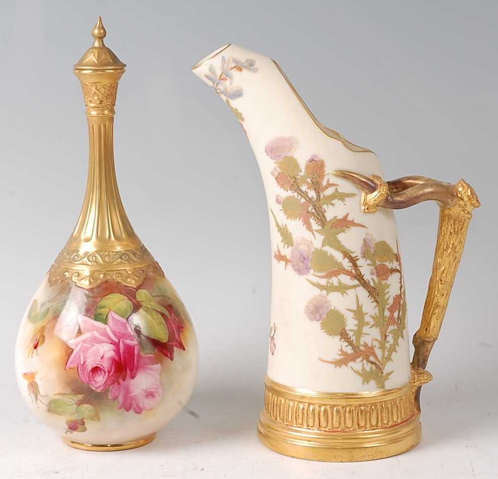 A Royal Worcester porcelain bottle vase and cover, having a fluted slender neck, decorated with pink