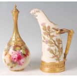 A Royal Worcester porcelain bottle vase and cover, having a fluted slender neck, decorated with pink