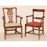 A George III fruitwood elbow chair, having pierced vase splatback, drop-in seat, and on ogee