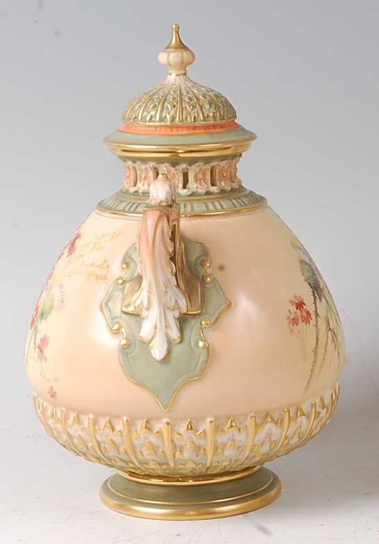 A Royal Worcester blushware pot pourri vase and cover, decorated with thistles and white flowers - Image 2 of 4