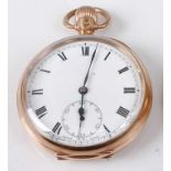 A gents 9ct gold cased open faced pocket watch, having unsigned white enamel dial with subsidiary