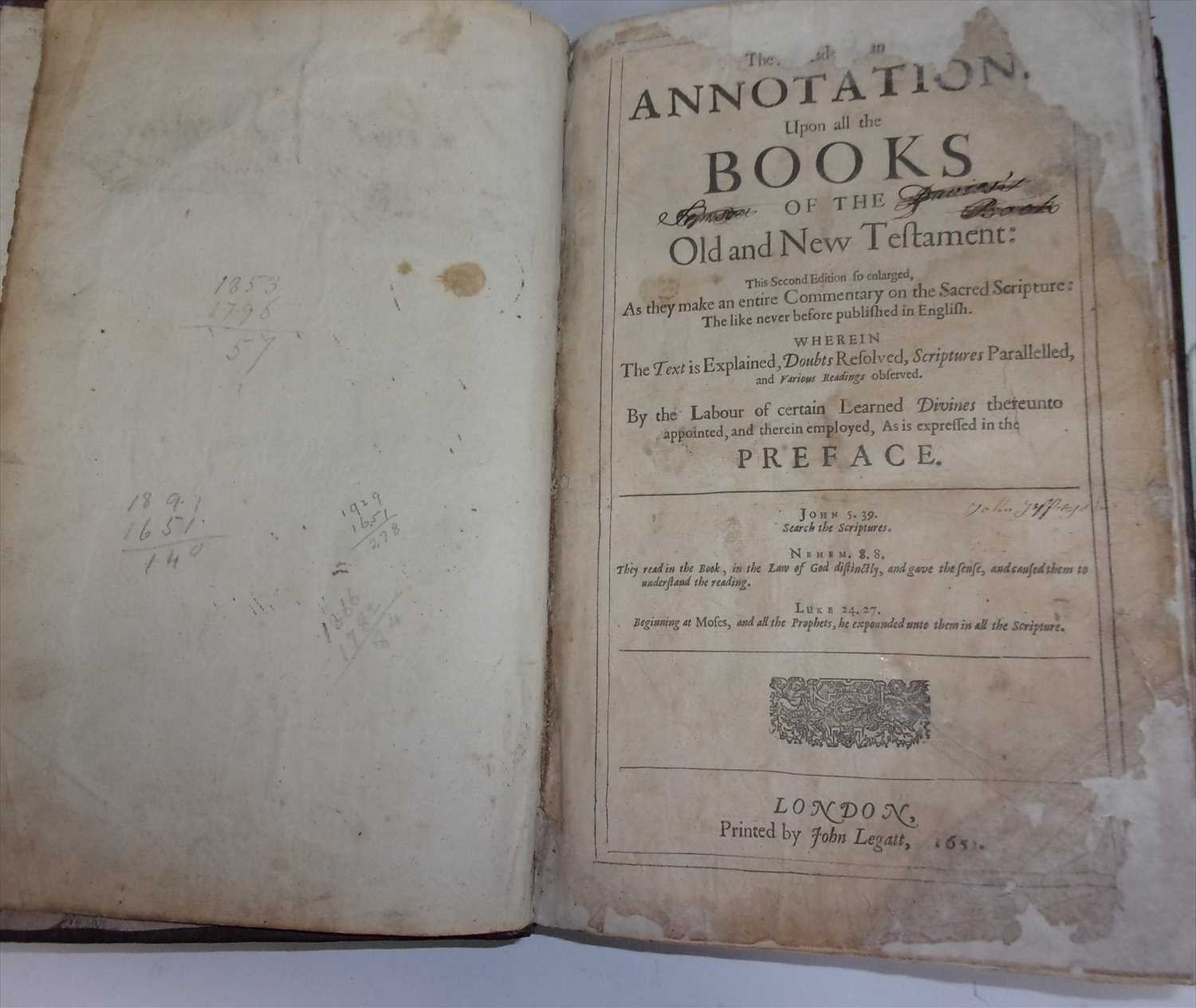 DOWNAME, J. Annotations Upon All Books of the Old and New Testaments. John Legatt, London 1651 2nd - Image 3 of 5