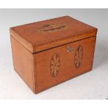 A George III satinwood, crossbanded and inlaid tea caddy, the hinge cover with conch shell marquetry