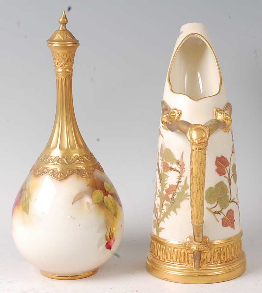 A Royal Worcester porcelain bottle vase and cover, having a fluted slender neck, decorated with pink - Image 2 of 3