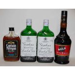 Gordon's Special Dry London Gin, 75cl, 40%, two bottles; Captain Morgan Rum, one half bottle; and