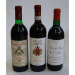 Duca di Cardino, 2015, Chianti, one bottle; Lagunilla, 1988, Rioja, one bottle; and Vin de Pays de