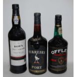 Dow's Trademark Finest Reserve Port, one bottle; Ferreira NV Port, one bottle; and Offley NV Reserve