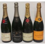 Moët & Chandon NV Brut Champagne, two bottles; Lanson Champagne, one bottle; Veuve Cliquot Ponsardin