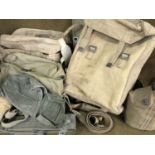 Sundry webbing including a US Army water bottle and a parachute pack