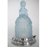 A mid 20th Century pressed blue glass figural table lamp, modelled as a young Victorian lady in