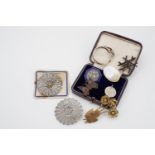 Antique white metal and costume jewellery, including a 1955 sixpence fob, one side engraved with the