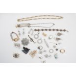 Vintage costume jewellery, including paste ear pendants, brooches, a white metal filigree