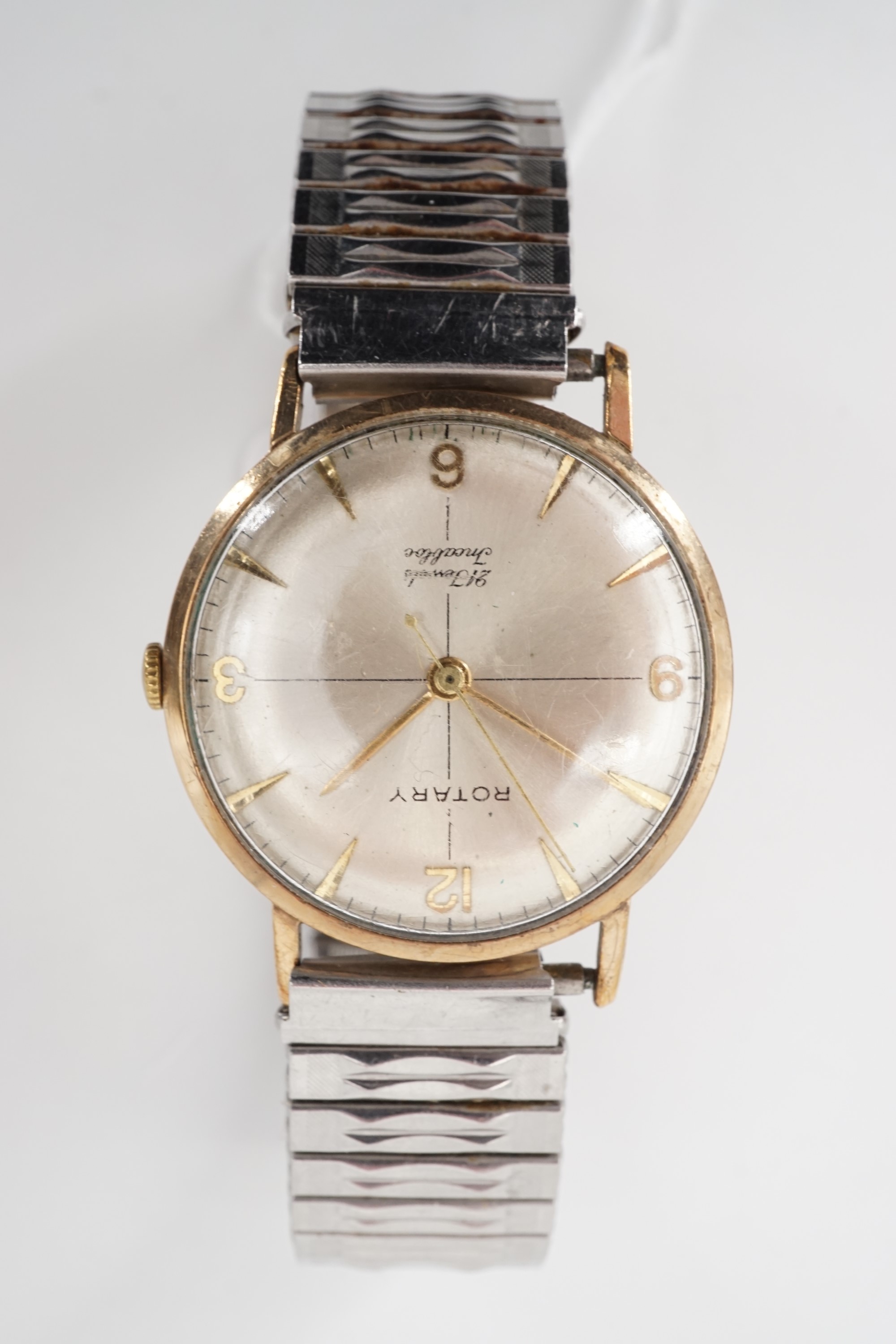 A 1960's Rotary 9ct gold wristwatch, with 21 jewel manual-wind movement, a radially-brushed silver