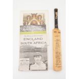 Cricket ephemera including a signed 1948 Australian test match miniature cricket bat, 44 cm